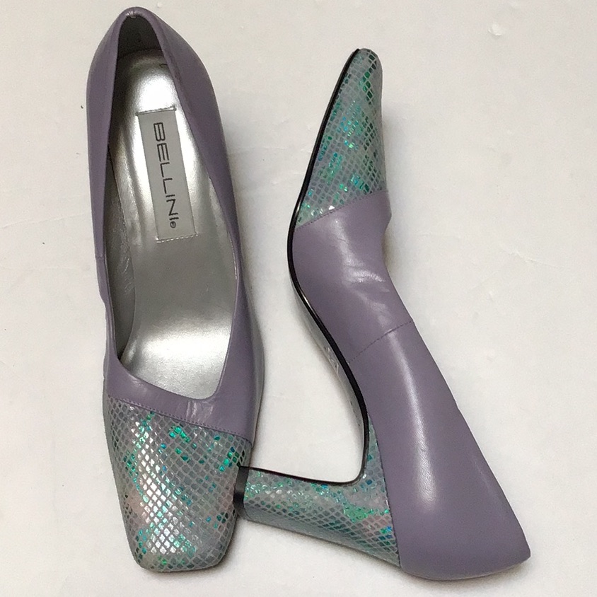 Bellini Lavender Block Heel Pumps With Iridescent Snakeskin